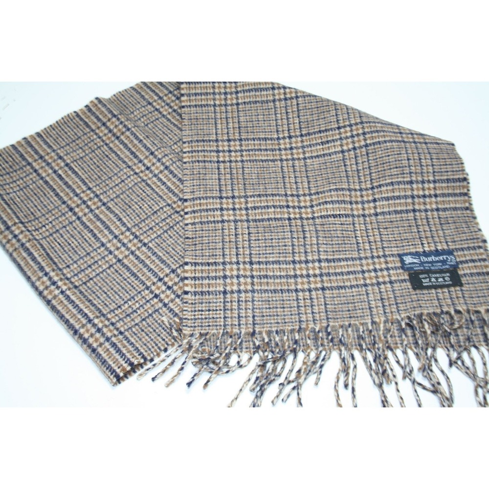 VTG Burberrys 100% Camel Hair Scarf Blue Brown Plaid Scotland Quiet Luxury